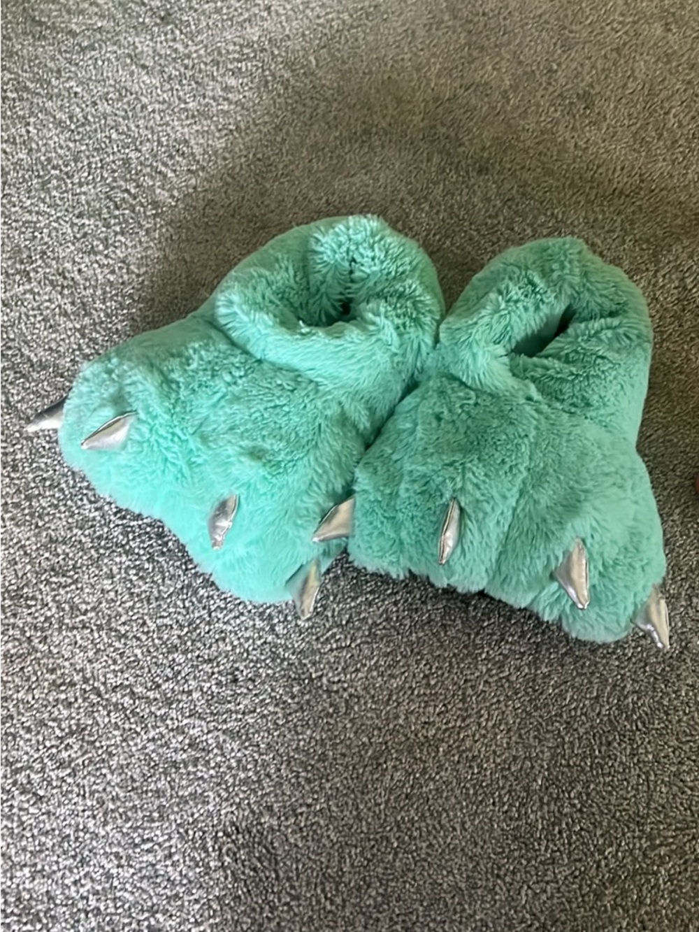 Justice Kids Plush Monster Slippers - Mint Green with Silver Claws